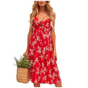 Red Floral Button-Front Midi Dress – Size Medium